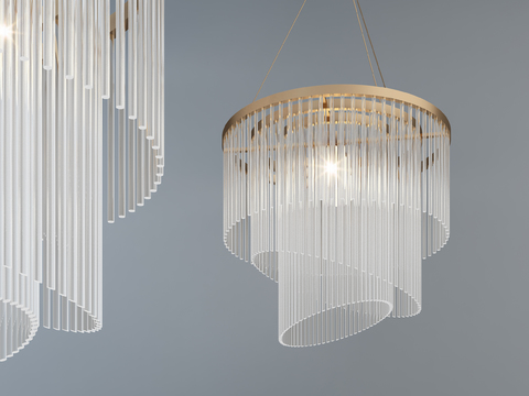  现代简约金色金属环透明玻璃管吊灯3d模型下载 多层设计室内装饰灯具 优雅照明设计 