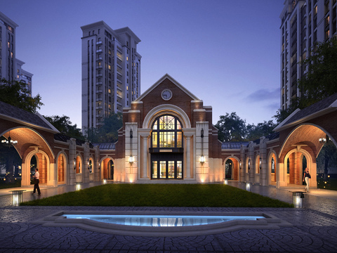  小区大门入口夜景psd 