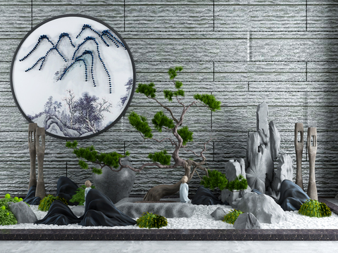  新中式禅意松树假山园艺小品3d模型 