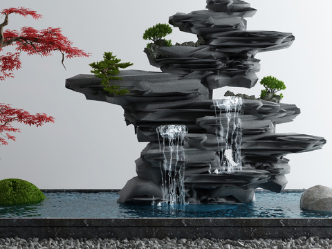  新中式假山喷泉景观小品3d模型 