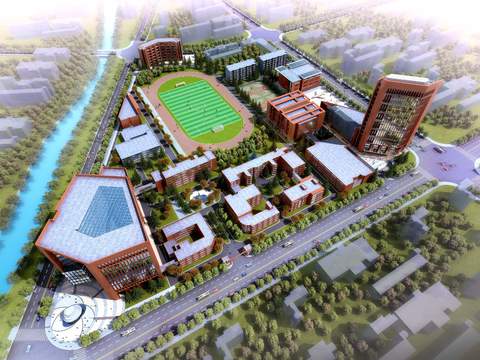  现代学校操场建筑外观鸟瞰psd 