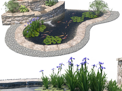  鱼池水景 山石景观3d模型 