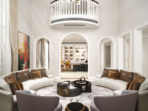  简欧别墅客厅餐厅楼梯间书房3d模型 