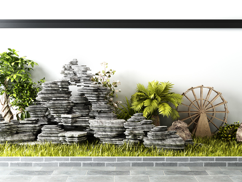  中式石头假山植物水车景观组合3D模型 