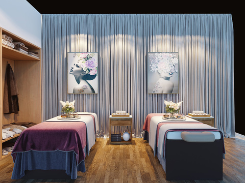  现代水疗中心对称布局按摩床3d模型下载 紫色蓝色毛巾搭配装饰画窗帘设计 