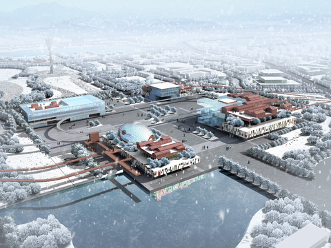  现代雪景车站建筑外观景观psd 