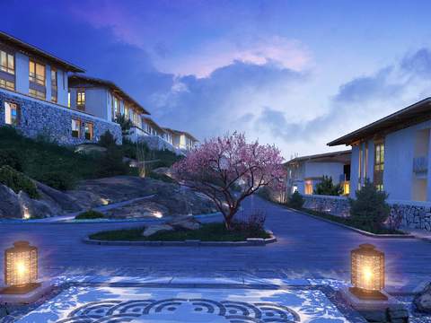  现代假石桃花树造景夜景psd 