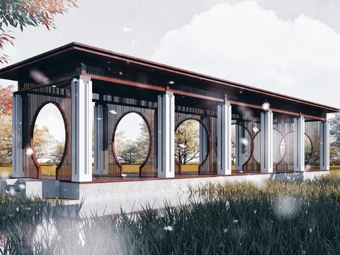  新中式观景长廊3d模型 