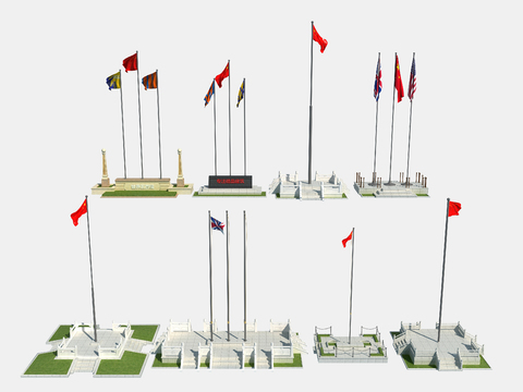  现代旗帜升旗台国旗台护栏3d模型 