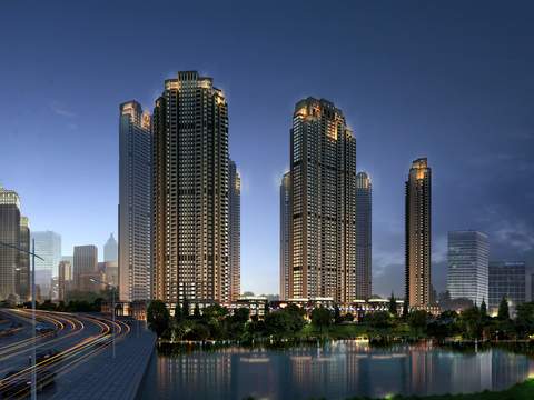  现代办公楼建筑外观夜景psd 