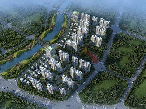  现代住宅楼外观鸟瞰psd 