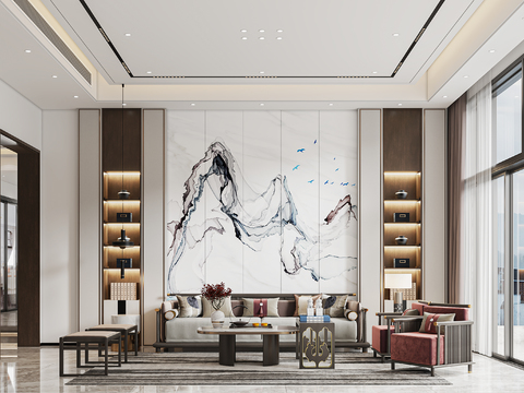  新中式别墅客厅3d模型 