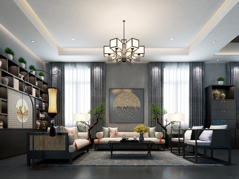 新中式会所会客厅3D模型 