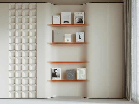  现代几何壁挂书架3d模型下载 嵌入式置物架 室内设计窗帘搭配效果 