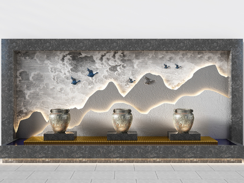  新中式假山流水陶罐园艺小品3d模型 