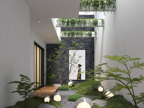  现代室内天井景观造景3d模型 