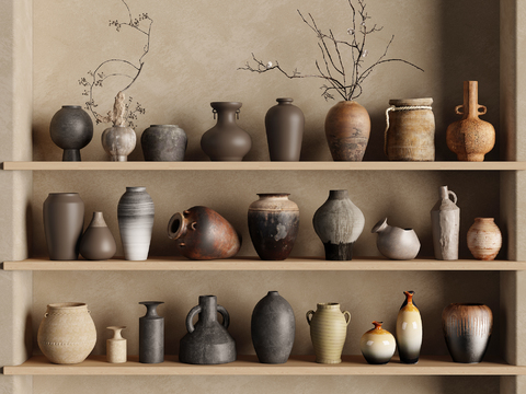  侘寂陶罐 器皿 干枝 枯枝3d模型 