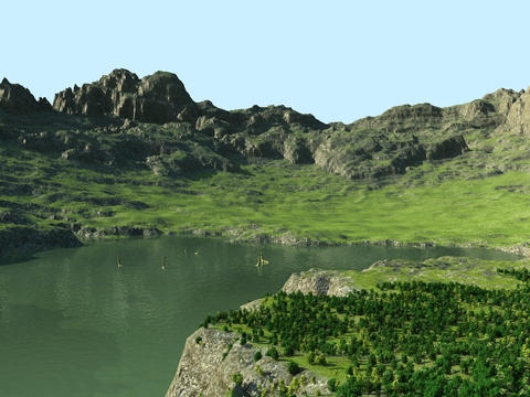  现代湖泊山林自然景观3d模型 