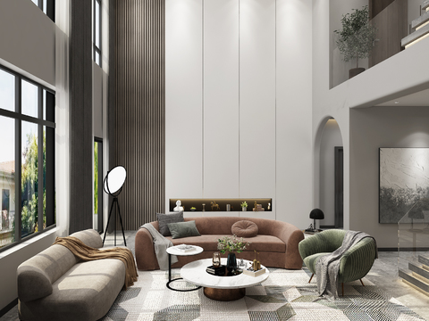  现代轻奢别墅客厅3d模型 