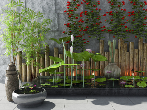  新中式荷花水景园艺小品3d模型 