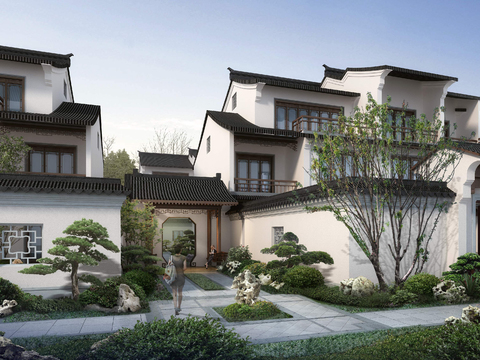  中式别墅庭院园林景观psd 