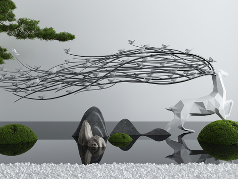  新中式假鹿水景园艺小品3d模型 