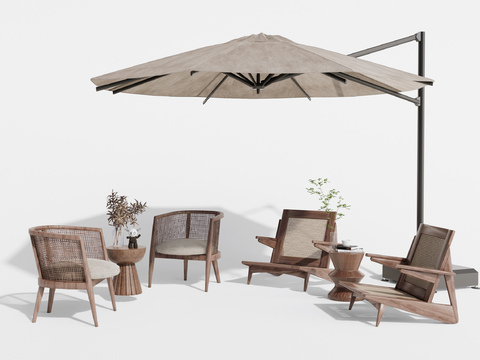  现代户外休闲遮阳伞组合3d模型下载 木质桌椅套装含装饰植物 舒适庭院家具 