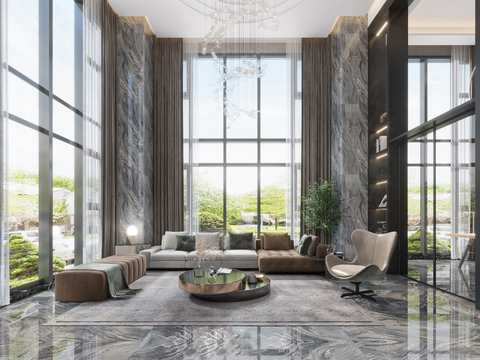  现代轻奢别墅大堂餐厅3d模型 