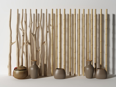  新中式原木竹子隔断3d模型 