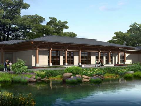  新中式售楼处建筑外观psd 