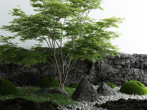  新中式树假山灌木草小品3d模型 