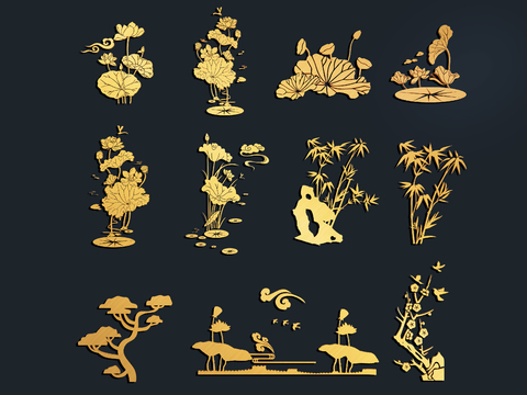  新中式标识 植物墙饰 图标3d模型 