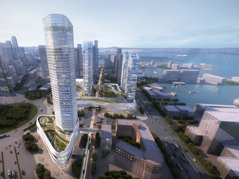  现代办公楼建筑外观鸟瞰psd 