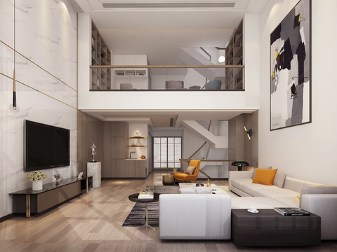  现代复式客厅书房3d模型 