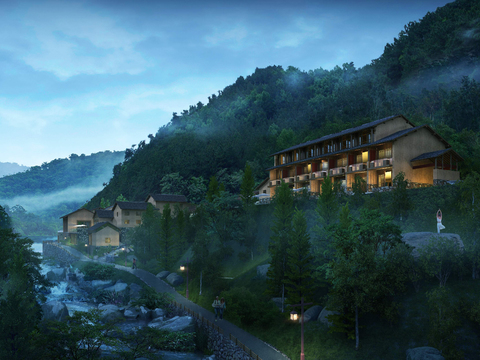  中式公园鸟瞰夜景psd 