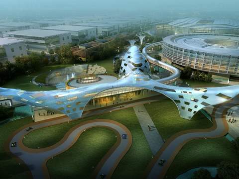  现代异形体育馆鸟瞰夜景psd 