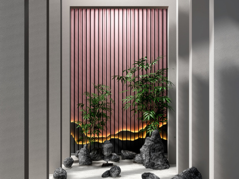  新中式石头竹子景观小品3d模型 