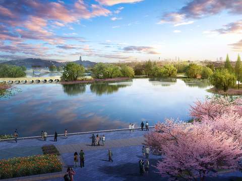  现代湖边园林景观psd 