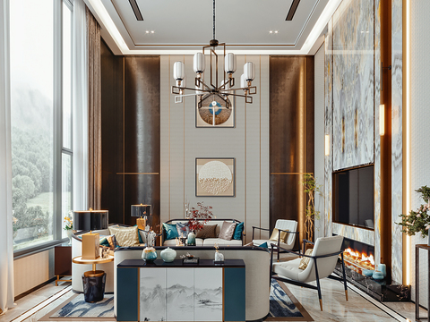  新中式别墅客餐厅3d模型 