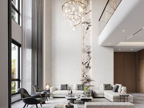  现代挑空别墅客餐厅3d模型 