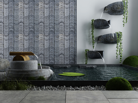  新中式竹流水景观小品3d模型 