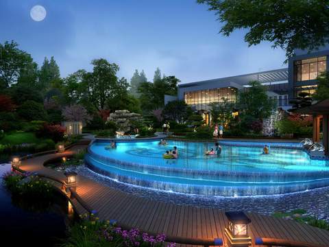  现代小区游泳池夜景psd 