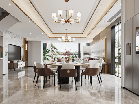  新中式复式别墅客餐厅3d模型 