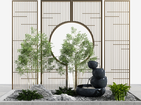  新中式竹子流水景观小品3d模型 