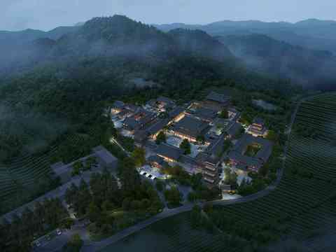  新中式四合院鸟瞰夜景psd 