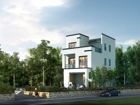  现代独栋别墅外观psd 