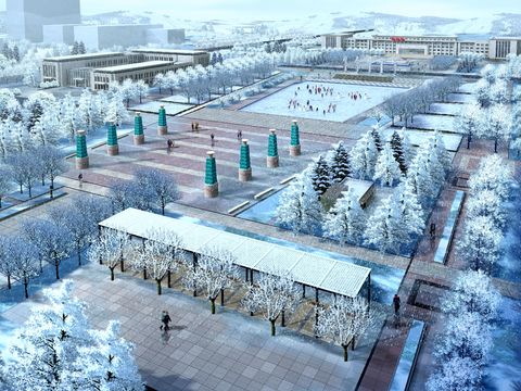  现代公园雪景鸟瞰psd 