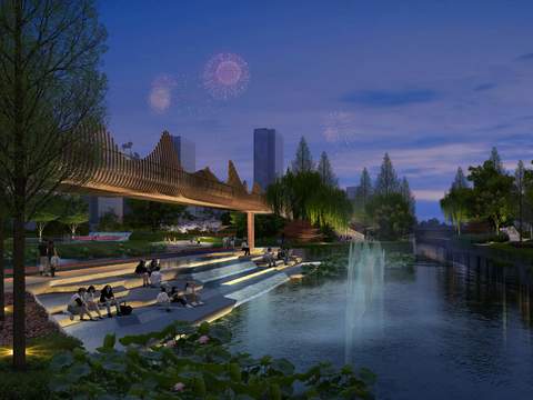  现代湖边公园园林夜景psd 