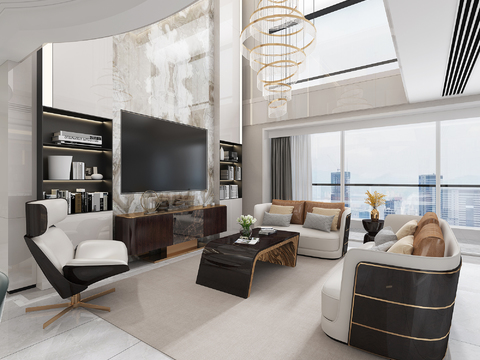  现代轻奢别墅客厅餐厅3d模型 