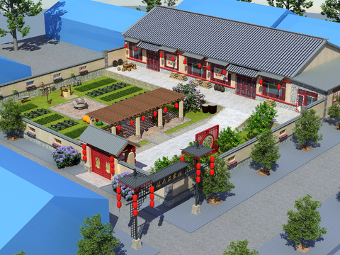  新中式农家院鸟瞰规划3d模型 
